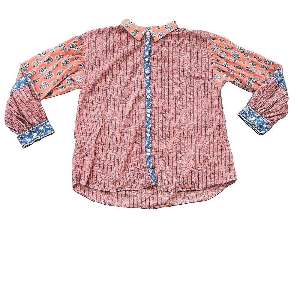 J Jill Pure Jill Button Up Shirt Medium Patch Work Organic Cotton Oversized